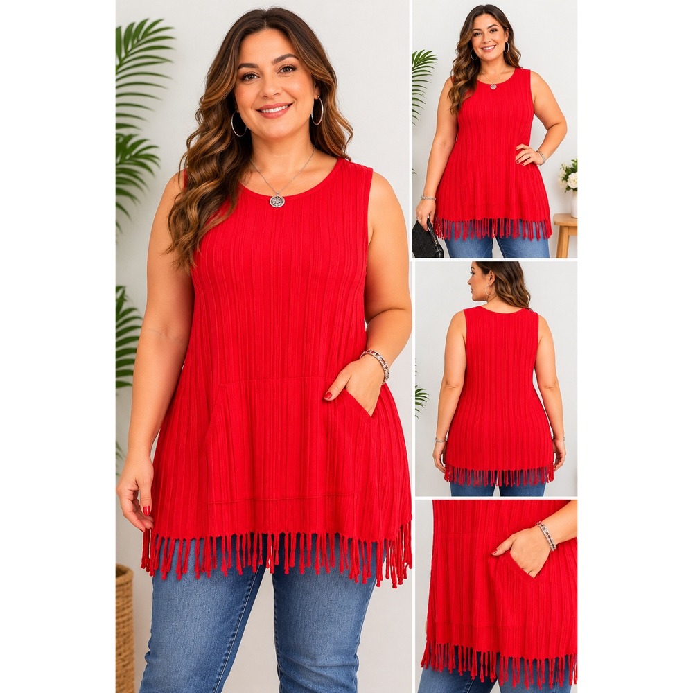 Bridgehampton Isaac Mizrahi Live‎ Red Ribbed Fringe Tunic Vest Top 3X